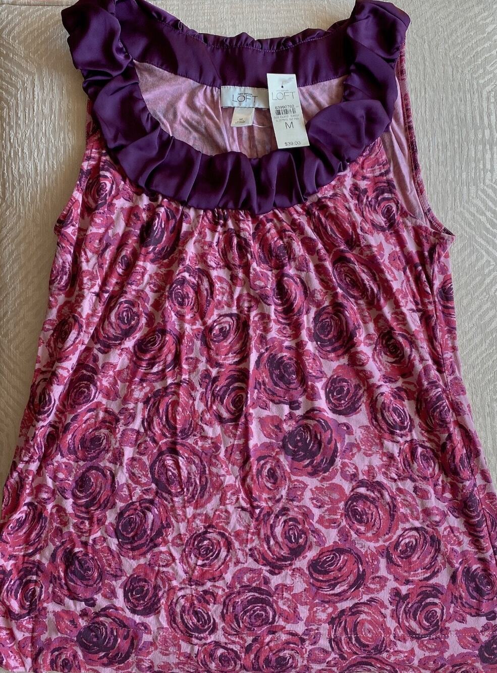 NWT Ann Taylor LOFT Sz M Pink Roses Multicolor Floral Classic Sleeveless Ruffle